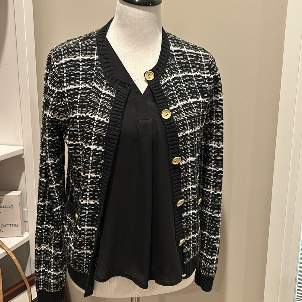 NWT J Crew sweater jacket-cardigan, black tan and white plaid.